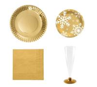 Kit vaisselle de Noël de couleur or comprenant assiettes, serviettes et verres pour 12 personnes.