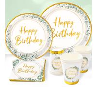 Kit Vaisselle Jetable Anniversaire Verte - 96 Pièces Assiette Jetable Joyeux Anniversaire Vert Sauge, Assiettes Tasses Serviettes pour Decoration D'anniversaire Garçons Filles Femme Fête (24 Invités)