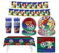Kit Vaisselle Jetable Football Coupe du Monde 2026, Assiettes 7'' et 9'' + Gobelets + Serviettes + Nappe + Fourchettes, 76 pcs