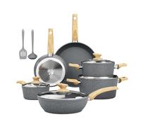 Kitchen Academy 12 Pièces Lot Poêle et Casserole Batterie Induction Grises | Antiadhésive en Granite Batterie de Cuisine Tout Feux, 100% Sain et Sans PFOA ni PFOS, Facile à Nettoyer