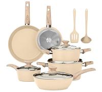 Kitchen Academy Beige Batterie Cuisine Set Poêle et Casserole Induction | Antiadhésive en Granite Batterie de Cuisine Tout Feux, 100% Sain et Sans PFOA ni PFOS, Facile à Nettoyer