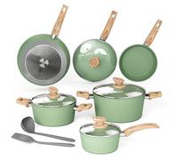 Kitchen Academy Ensemble de 12 pièces de vaisselle de cuisine verte avec couvercle en verre, ensemble de casseroles adapté à l'induction, revêtement antiadhésif sans PFAS