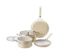 KitchenAid Aluminium Batterie De Cuisine 6 Pièces, Faitouts 20 cm/3,11 L Et 28 cm/4,91 L Avec Couvercles, Poêles 24 Et 28 cm, Antiadhésif Céramique Sans PFAS, Induction, Crème