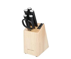 KitchenAid Classic Ensemble de 6 couteaux avec bloc, couteaux de cuisine tranchants en acier japonais 420J2 et support en bois d'hévéa