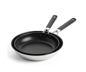 KitchenAid Classic Stainless Steel Ensemble de 2 Poêles à frire Antiadhésives en Céramique Saine en Acier Inoxydable Sans PFAS,24 cm et 28 cm,Clad,Induction,Poignée Stay-Cool,Four jusqu'à 160°C,Argent