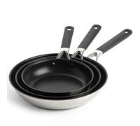 KitchenAid Classic Stainless Steel Ensemble de 3 Poêles à frire Antiadhésives en Céramique Saine en Acier Inoxydable, Sans PFAS, 20cm, 24cm & 28cm, Clad, Induction, Poignée Stay-Cool,Four, Argent