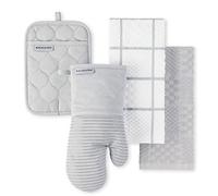 KITCHENAID Lot de 4 Gants de Cuisine matelassés en Coton éponge - Résistants à la Chaleur - Poignée en Silicone - 40,6 x 66 cm, 17,8 x 33 cm et 17,8 x 25,4 cm - Gris Mat