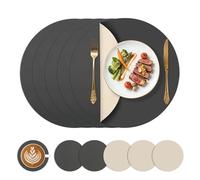 KitchenBoss Sets de Table Ø 38cm Dessous de Table, Lot de 6 Set Table et Dessous de Verre en Similicuir, Charcoal Grey + Beige