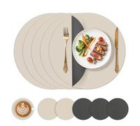 KitchenBoss Sets de Table lavables Ø 38cm, Lot de 6 Dessous de Table et Dessous de Verre en Similicuir pour la Cuisine, la Salle à Manger et Le Bureau, Charcoal Grey + Beige