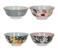 KitchenCraft Set de 4 bols en grès émaillé, Boho Floral, 15.5 x 7.5cm, boîte cadeau, vert, gris, orange, rose