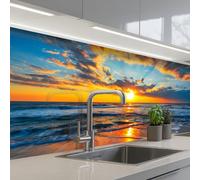 KitchenYeah© Crédence Adhésive Cuisine 60x200 cm Résistant À La Chaleur Plaque Adhesif Fond De Hotte Interieur Cuisson Sur Mesure Mer - Coucher soleil - Plage - Nuages - Orange