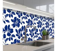 KitchenYeah© Crédence Adhésive Cuisine 60x300 cm Résistant À La Chaleur Plaque Adhesif Fond De Hotte Interieur Cuisson Sur Mesure Floral - Moderne - Bleu