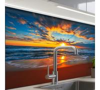 KitchenYeah© Crédence Adhésive Cuisine 60x80 cm Résistant À La Chaleur Plaque Adhesif Fond De Hotte Interieur Cuisson Sur Mesure Mer - Coucher soleil - Plage - Nuages - Orange