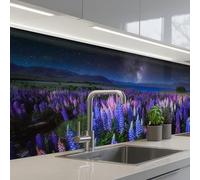 KitchenYeah© Crédence Adhésive Cuisine 80x150 cm Résistant À La Chaleur Plaque Adhesif Fond De Hotte Interieur Cuisson Sur Mesure Fleurs - Nuit - Lupin - Ciel étoilé - Violet - Nature