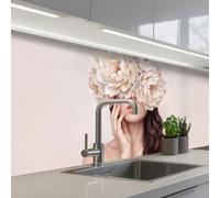 KitchenYeah© Crédence Adhésive Cuisine 80x250 cm Résistant À La Chaleur Plaque Adhesif Fond De Hotte Interieur Cuisson Sur Mesure Visage - Pivoine - Crème