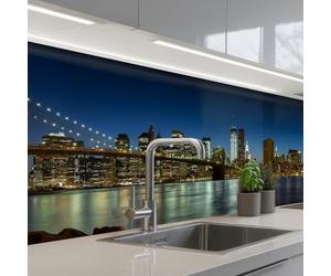 KitchenYeah© Crédence Adhésive Cuisine 80x250 cm Résistant À La Chaleur Plaque Adhesif Fond De Hotte Interieur Cuisson Sur Mesure Lumières Ville - Soir - Skyline - Pont