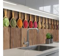 KitchenYeah© Crédence Adhésive Cuisine 80x300 cm Résistant À La Chaleur Plaque Adhesif Fond De Hotte Interieur Cuisson Sur Mesure Cuillères - Herbes - Bois