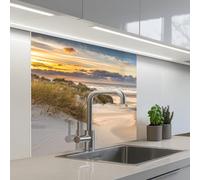 KitchenYeah© Crédence Adhésive Cuisine 80x80 cm Résistant À La Chaleur Plaque Adhesif Fond De Hotte Interieur Cuisson Sur Mesure Plage - Dune - Herbe - Coucher soleil - Mer