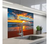 KitchenYeah© Crédence Adhésive Cuisine 80x80 cm Résistant À La Chaleur Plaque Adhesif Fond De Hotte Interieur Cuisson Sur Mesure Mer - Coucher soleil - Plage - Nuages - Orange