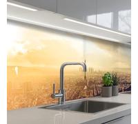 KitchenYeah© Crédence Adhésive Cuisine Résistant À La Chaleur Plaque | 60x350 cm - Adhesif Fond De Hotte Interieur Cuisson Sur Mesure Paris - Skyline - Coucher Soleil - Villes