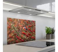 KitchenYeah© Credence Adhesive Pour Cuisine 50x70 cm Panneau Mural Adhesif Fond De Hotte Plaque Pvc Murale Peel And Stick Protege Mur Bouvreuil - baies - automne - nature - coloré