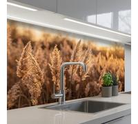 KitchenYeah© Credence Adhesive Pour Cuisine 60x100 cm Panneau Mural Adhesif Fond De Hotte Plaque Pvc Murale Peel And Stick Protege Mur Plumes roseau - Herbe - Coucher soleil - Or - Serein