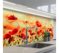 KitchenYeah© Credence Adhesive Pour Cuisine 60x100 cm Panneau Mural Adhesif Fond De Hotte Plaque Pvc Murale Peel And Stick Protege Mur Coquelicots - Rouge - Champ Fleurs