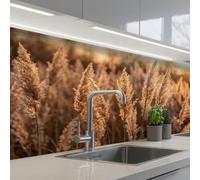KitchenYeah© Credence Adhesive Pour Cuisine 60x150 cm Panneau Mural Adhesif Fond De Hotte Plaque Pvc Murale Peel And Stick Protege Mur Plumes roseau - Herbe - Coucher soleil - Or - Serein