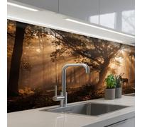 KitchenYeah© Credence Adhesive Pour Cuisine 60x150 cm Panneau Mural Adhesif Fond De Hotte Plaque Pvc Murale Peel And Stick Protege Mur Cerf - Forêt - Brumeux - Nature - Or
