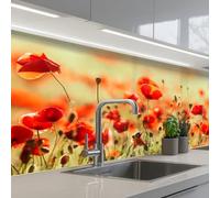 KitchenYeah© Credence Adhesive Pour Cuisine 60x150 cm Panneau Mural Adhesif Fond De Hotte Plaque Pvc Murale Peel And Stick Protege Mur Coquelicots - Rouge - Champ Fleurs