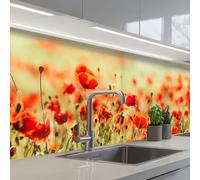 KitchenYeah© Credence Adhesive Pour Cuisine 60x200 cm Panneau Mural Adhesif Fond De Hotte Plaque Pvc Murale Peel And Stick Protege Mur Coquelicots - Rouge - Champ Fleurs