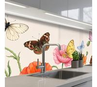 KitchenYeah© Credence Adhesive Pour Cuisine 60x200 cm Panneau Mural Adhesif Fond De Hotte Plaque Pvc Murale Peel And Stick Protege Mur Papillons - Coquelicots - Illustration - Coloré