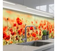KitchenYeah© Credence Adhesive Pour Cuisine 60x250 cm Panneau Mural Adhesif Fond De Hotte Plaque Pvc Murale Peel And Stick Protege Mur Coquelicots - Rouge - Champ Fleurs