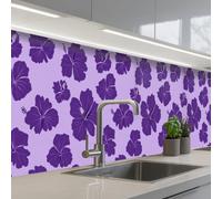 KitchenYeah© Credence Adhesive Pour Cuisine 60x300 cm Panneau Mural Adhesif Fond De Hotte Plaque Pvc Murale Peel And Stick Protege Mur Hibiscus - Fleurs - Pourpre