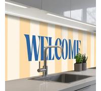 KitchenYeah© Credence Adhesive Pour Cuisine 60x300 cm Panneau Mural Adhesif Fond De Hotte Plaque Pvc Murale Peel And Stick Protege Mur Bleu - Jaune - Rayures - Bienvenue