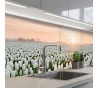 KitchenYeah© Credence Adhesive Pour Cuisine 60x300 cm Panneau Mural Adhesif Fond De Hotte Plaque Pvc Murale Peel And Stick Protege Mur Tulipes - Paysage - Blanc