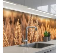 KitchenYeah© Credence Adhesive Pour Cuisine 60x300 cm Panneau Mural Adhesif Fond De Hotte Plaque Pvc Murale Peel And Stick Protege Mur Plumes roseau - Herbe - Coucher soleil - Or - Serein