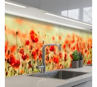 KitchenYeah© Credence Adhesive Pour Cuisine 60x300 cm Panneau Mural Adhesif Fond De Hotte Plaque Pvc Murale Peel And Stick Protege Mur Coquelicots - Rouge - Champ Fleurs