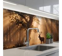 KitchenYeah© Credence Adhesive Pour Cuisine 60x300 cm Panneau Mural Adhesif Fond De Hotte Plaque Pvc Murale Peel And Stick Protege Mur Cerf - Forêt - Brumeux - Nature - Or