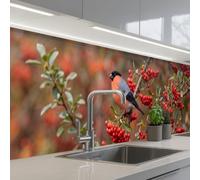 KitchenYeah© Credence Adhesive Pour Cuisine 60x300 cm Panneau Mural Adhesif Fond De Hotte Plaque Pvc Murale Peel And Stick Protege Mur Bouvreuil - baies - automne - nature - coloré