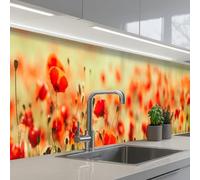 KitchenYeah© Credence Adhesive Pour Cuisine 60x400 cm Panneau Mural Adhesif Fond De Hotte Plaque Pvc Murale Peel And Stick Protege Mur Coquelicots - Rouge - Champ Fleurs