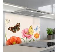 KitchenYeah© Credence Adhesive Pour Cuisine 60x90 cm Panneau Mural Adhesif Fond De Hotte Plaque Pvc Murale Peel And Stick Protege Mur Papillons - Coquelicots - Illustration - Coloré