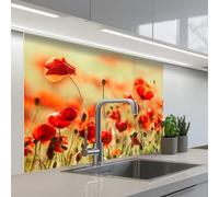 KitchenYeah© Credence Adhesive Pour Cuisine 80x100 cm Panneau Mural Adhesif Fond De Hotte Plaque Pvc Murale Peel And Stick Protege Mur Coquelicots - Rouge - Champ Fleurs