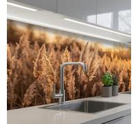 KitchenYeah© Credence Adhesive Pour Cuisine 80x150 cm Panneau Mural Adhesif Fond De Hotte Plaque Pvc Murale Peel And Stick Protege Mur Plumes roseau - Herbe - Coucher soleil - Or - Serein