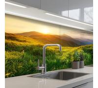 KitchenYeah© Credence Adhesive Pour Cuisine 80x150 cm Panneau Mural Adhesif Fond De Hotte Plaque Pvc Murale Peel And Stick Protege Mur Herbe - Collines - Soleil - Nature - Paysage