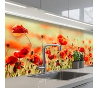 KitchenYeah© Credence Adhesive Pour Cuisine 80x150 cm Panneau Mural Adhesif Fond De Hotte Plaque Pvc Murale Peel And Stick Protege Mur Coquelicots - Rouge - Champ Fleurs