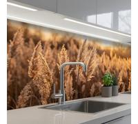 KitchenYeah© Credence Adhesive Pour Cuisine 80x200 cm Panneau Mural Adhesif Fond De Hotte Plaque Pvc Murale Peel And Stick Protege Mur Plumes roseau - Herbe - Coucher soleil - Or - Serein