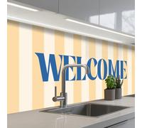 KitchenYeah© Credence Adhesive Pour Cuisine 80x200 cm Panneau Mural Adhesif Fond De Hotte Plaque Pvc Murale Peel And Stick Protege Mur Bleu - Jaune - Rayures - Bienvenue