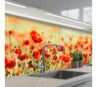 KitchenYeah© Credence Adhesive Pour Cuisine 80x250 cm Panneau Mural Adhesif Fond De Hotte Plaque Pvc Murale Peel And Stick Protege Mur Coquelicots - Rouge - Champ Fleurs