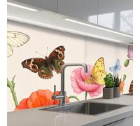 KitchenYeah© Credence Adhesive Pour Cuisine 80x250 cm Panneau Mural Adhesif Fond De Hotte Plaque Pvc Murale Peel And Stick Protege Mur Papillons - Coquelicots - Illustration - Coloré